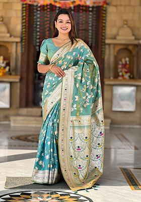 Sea Green Wevon Jacquard Designer Banarasi Silk Saree Set