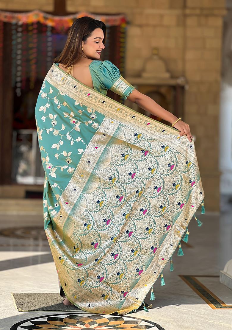 Sea Green Wevon Jacquard Designer Banarasi Silk Saree Set