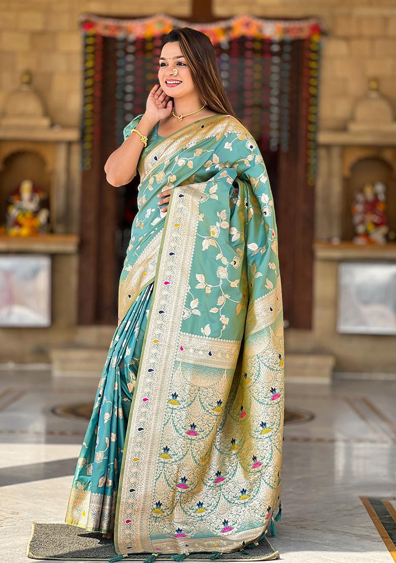 Sea Green Wevon Jacquard Designer Banarasi Silk Saree Set