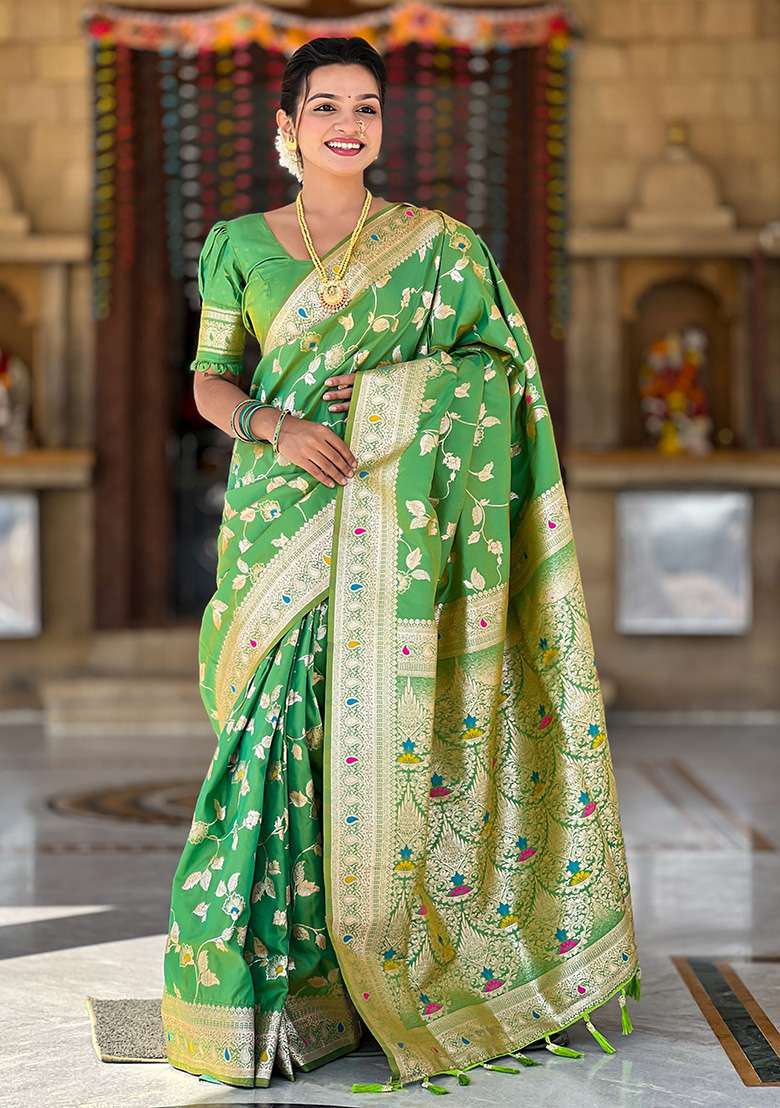 Parrot Green Wevon Jacquard Designer Banarasi Silk Saree Set - Indya