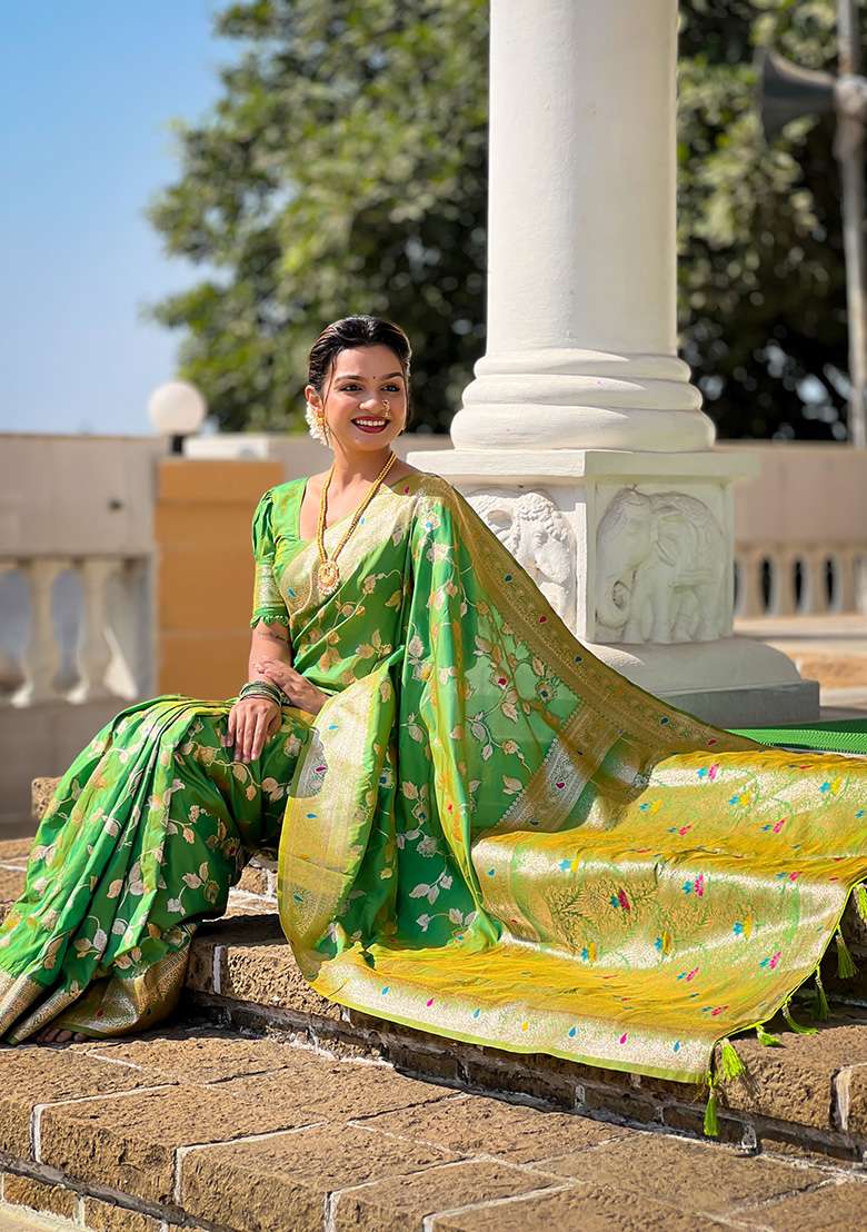 Parrot Green Wevon Jacquard Designer Banarasi Silk Saree Set - Indya