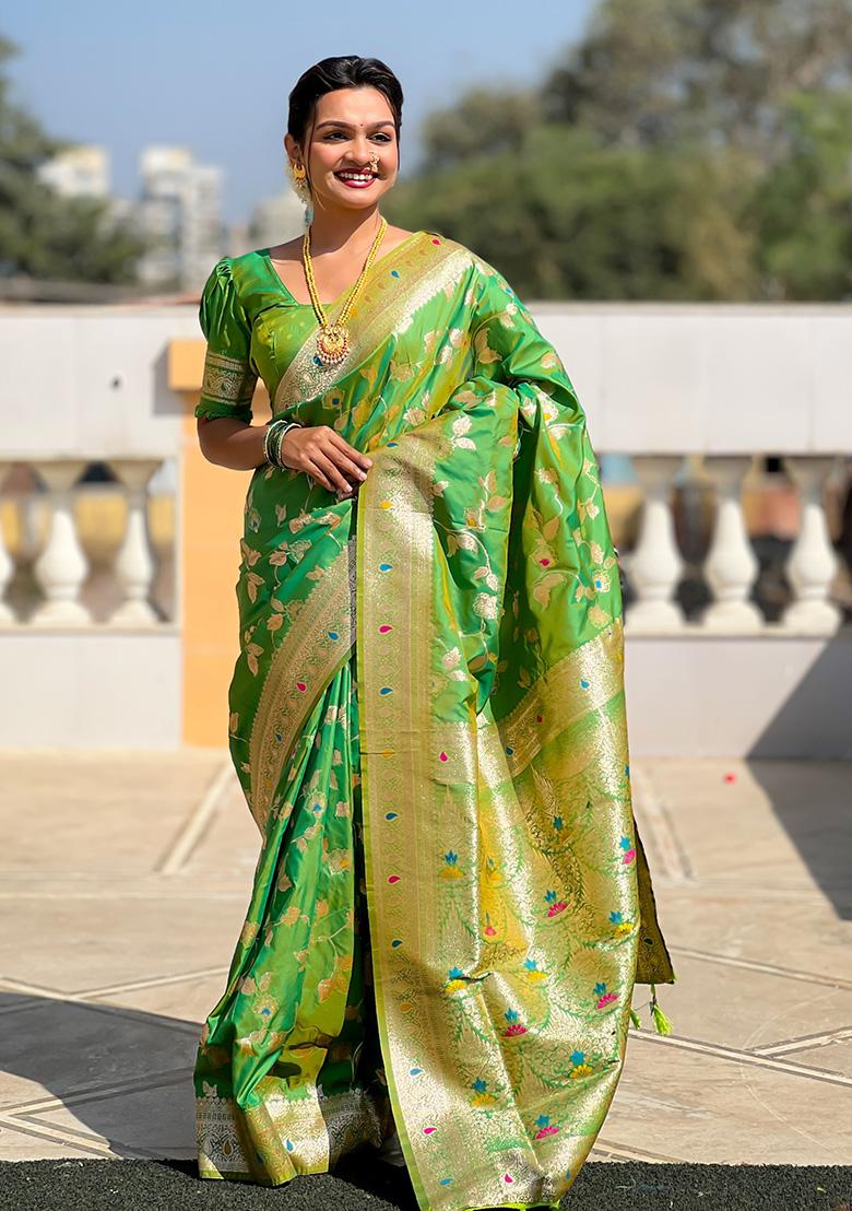 Parrot Green Wevon Jacquard Designer Banarasi Silk Saree Set
