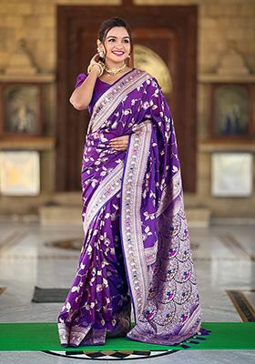Purple Wevon Jacquard Designer Banarasi Silk Saree Set
