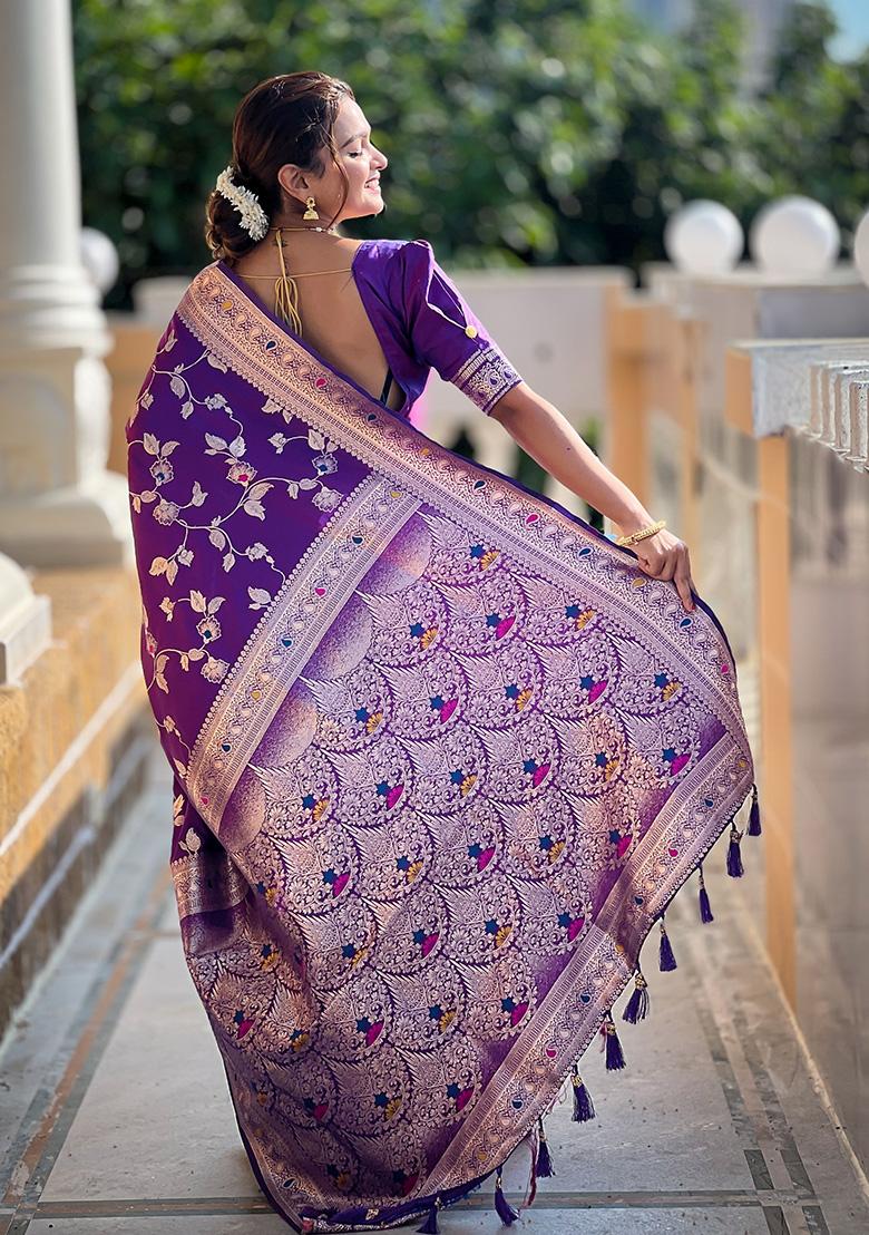 Purple Wevon Jacquard Designer Banarasi Silk Saree Set