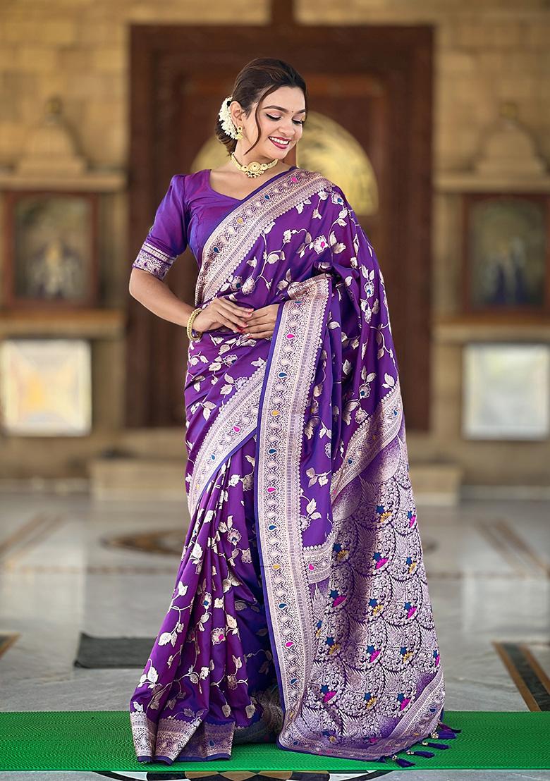 Purple Wevon Jacquard Designer Banarasi Silk Saree Set