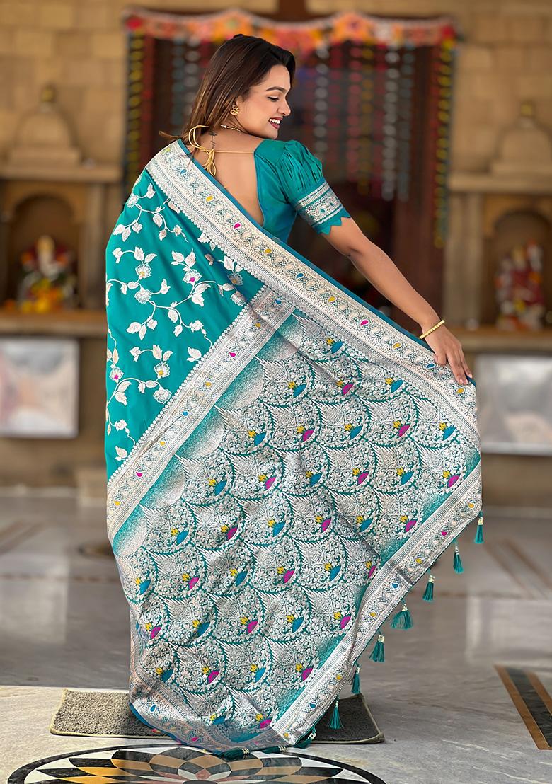 Rama Green Wevon Jacquard Designer Banarasi Silk Saree Set