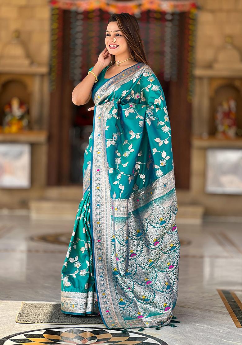Rama Green Wevon Jacquard Designer Banarasi Silk Saree Set