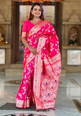 Pink Wevon Jacquard Designer Banarasi Silk Saree Set