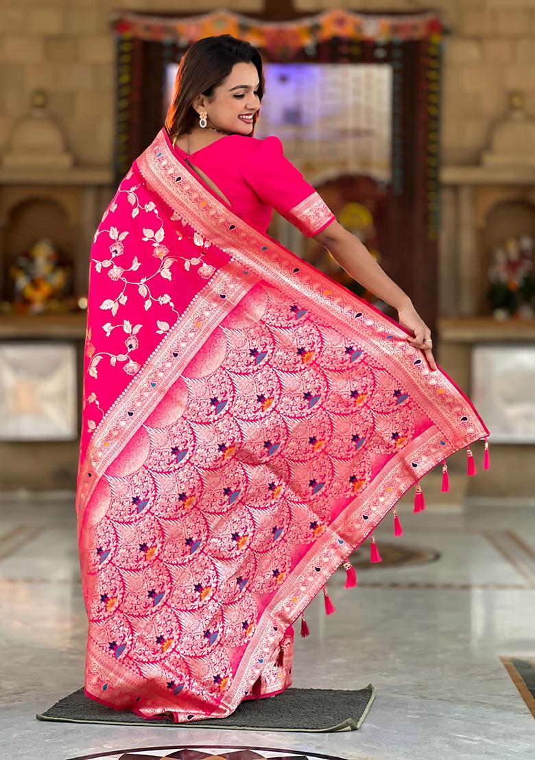 Pink Wevon Jacquard Designer Banarasi Silk Saree Set