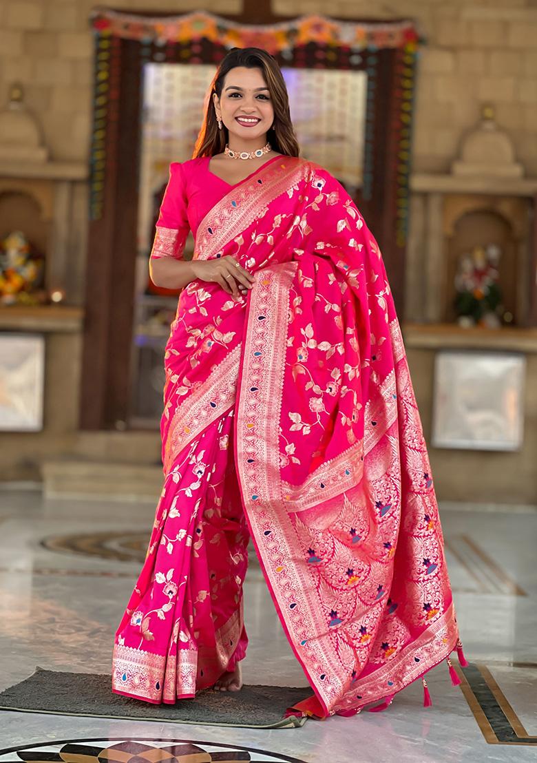 Pink Wevon Jacquard Designer Banarasi Silk Saree Set