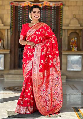 Red Wevon Jacquard Designer Banarasi Silk Saree Set