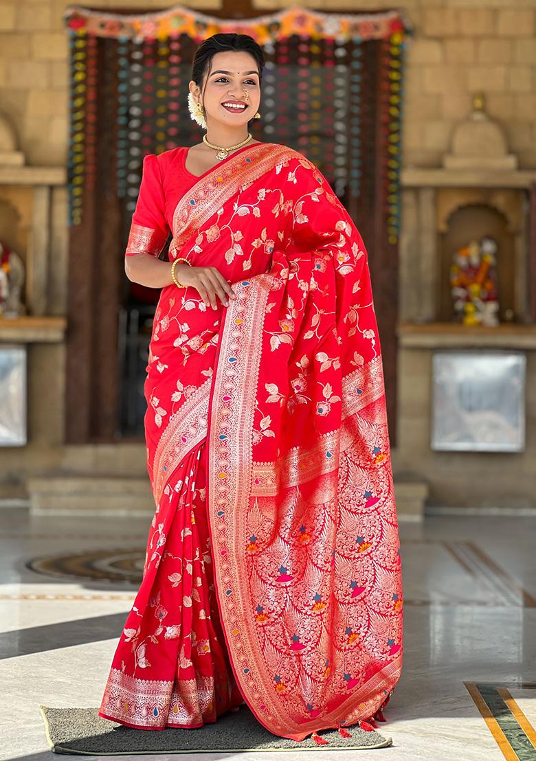 Red Wevon Jacquard Designer Banarasi Silk Saree Set