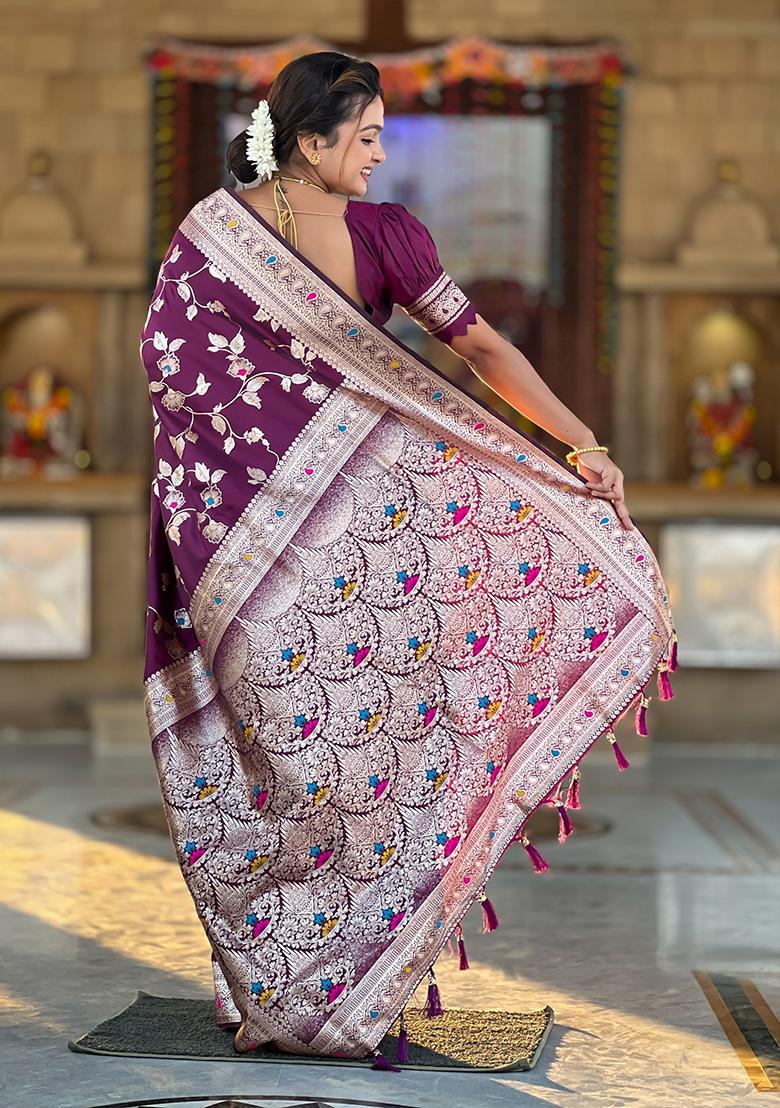 Wine Wevon Jacquard Designer Banarasi Silk Saree Set