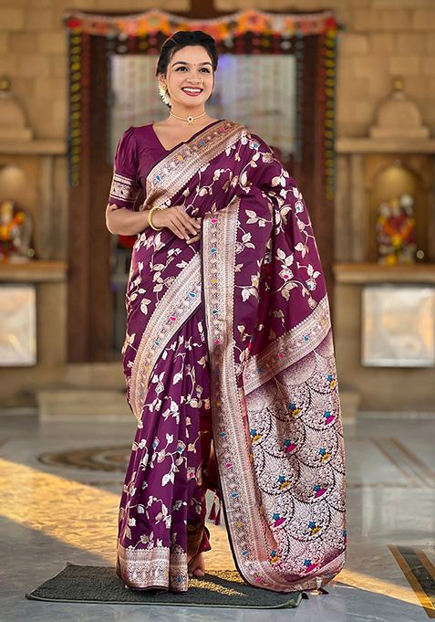 Wine Wevon Jacquard Designer Banarasi Silk Saree Set
