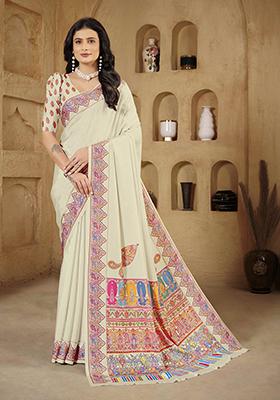 Off White Designer Position Digital Foil Printed Crepe Silk Saree Set