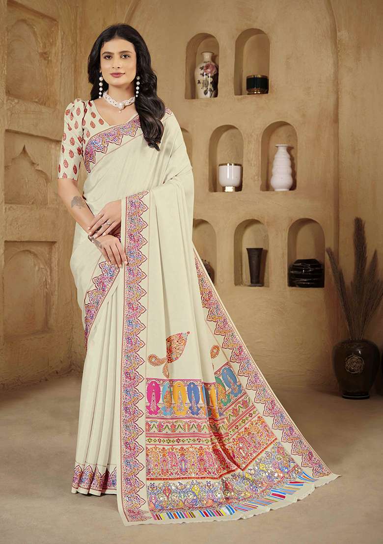 Off White Designer Position Digital Foil Printed Crepe Silk Saree Set - Indya