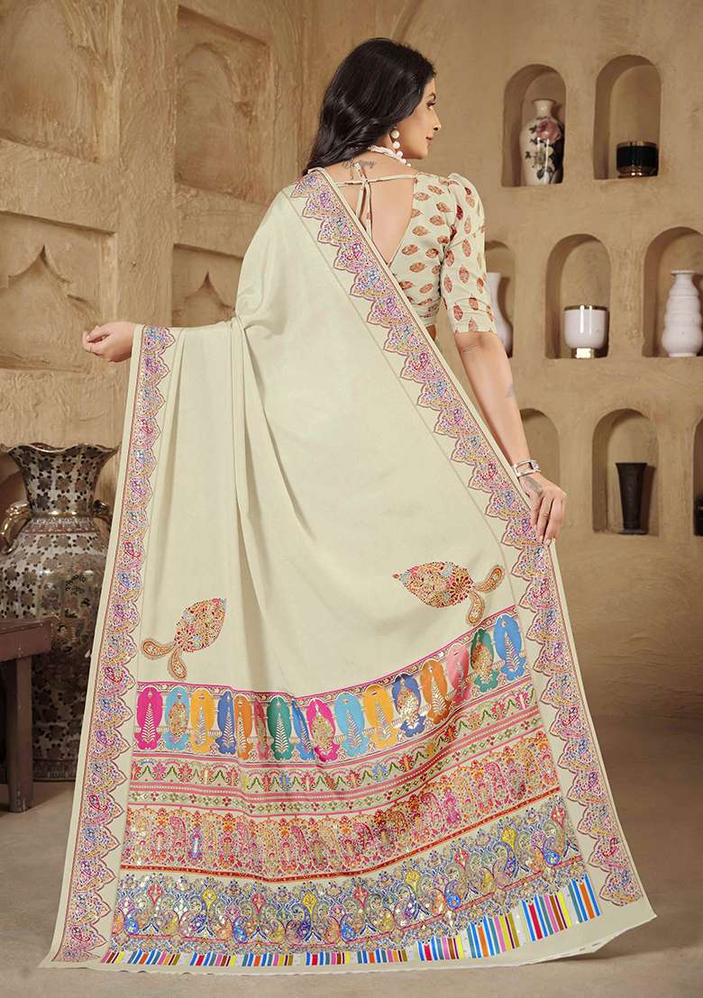 Off White Designer Position Digital Foil Printed Crepe Silk Saree Set - Indya