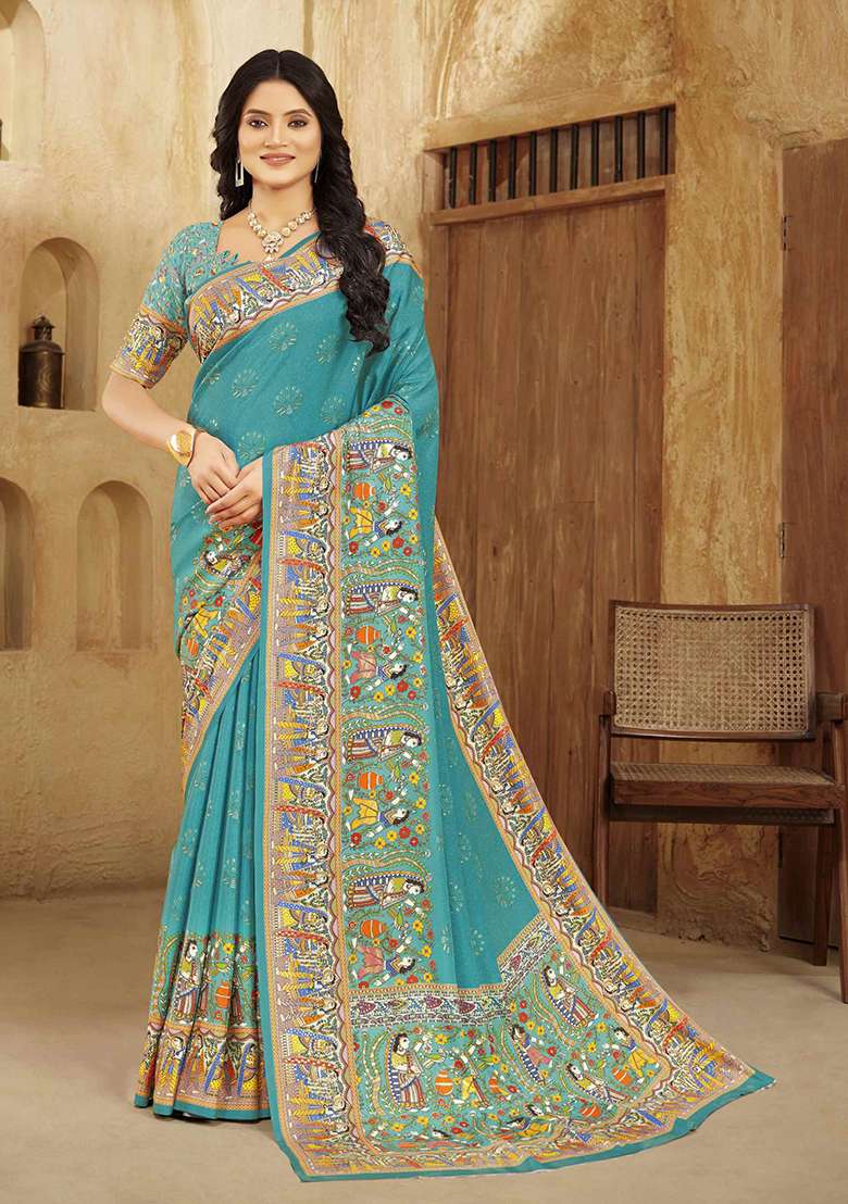 Tourquoise Blue Designer Position Digital Foil Printed Crepe Silk Saree Set - Indya