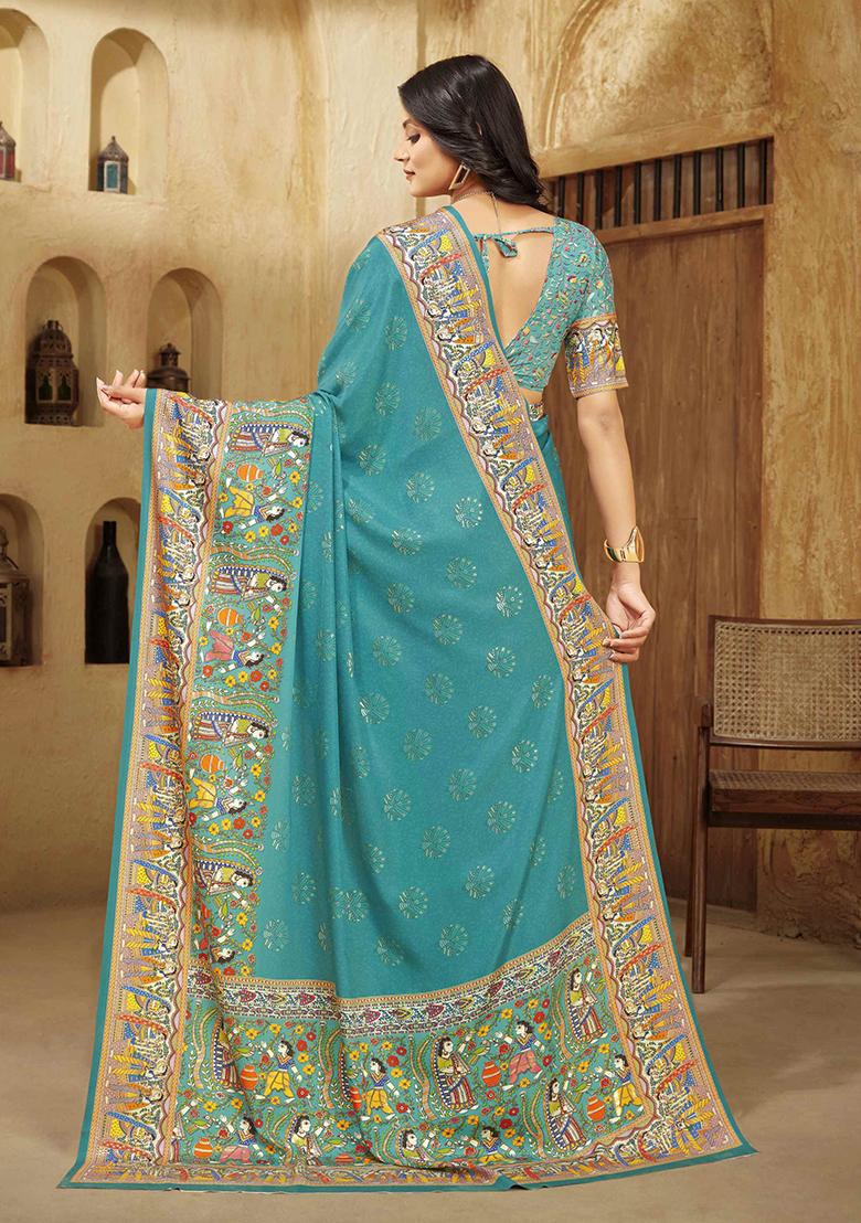 Tourquoise Blue Designer Position Digital Foil Printed Crepe Silk Saree Set