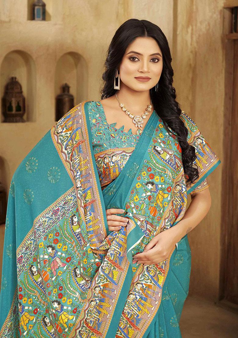Tourquoise Blue Designer Position Digital Foil Printed Crepe Silk Saree Set