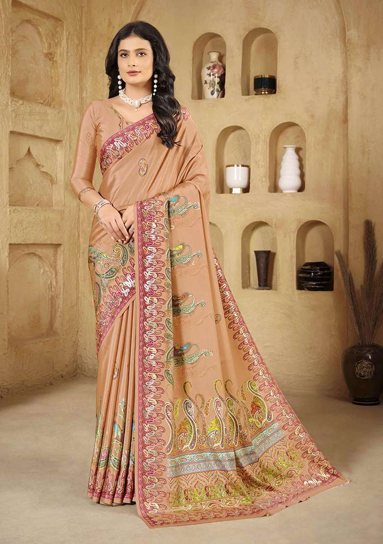 Light Peach Designer Position Digital Foil Printed Crepe Silk Saree Set - Indya