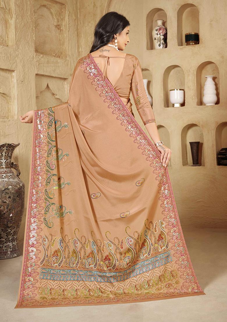 Light Peach Designer Position Digital Foil Printed Crepe Silk Saree Set