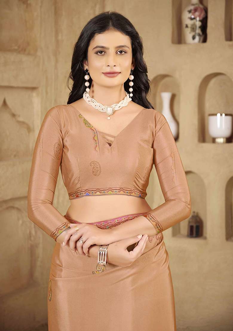 Light Peach Designer Position Digital Foil Printed Crepe Silk Saree Set - Indya