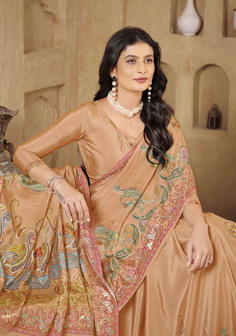Light Peach Designer Position Digital Foil Printed Crepe Silk Saree Set