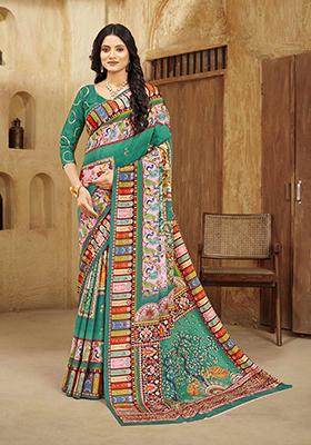 Poise Green Designer Position Digital Foil Printed Crepe Silk Saree Set