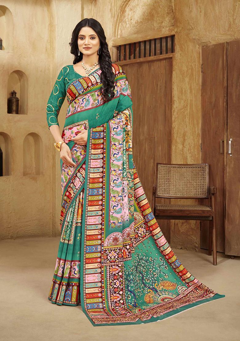 Poise Green Designer Position Digital Foil Printed Crepe Silk Saree Set