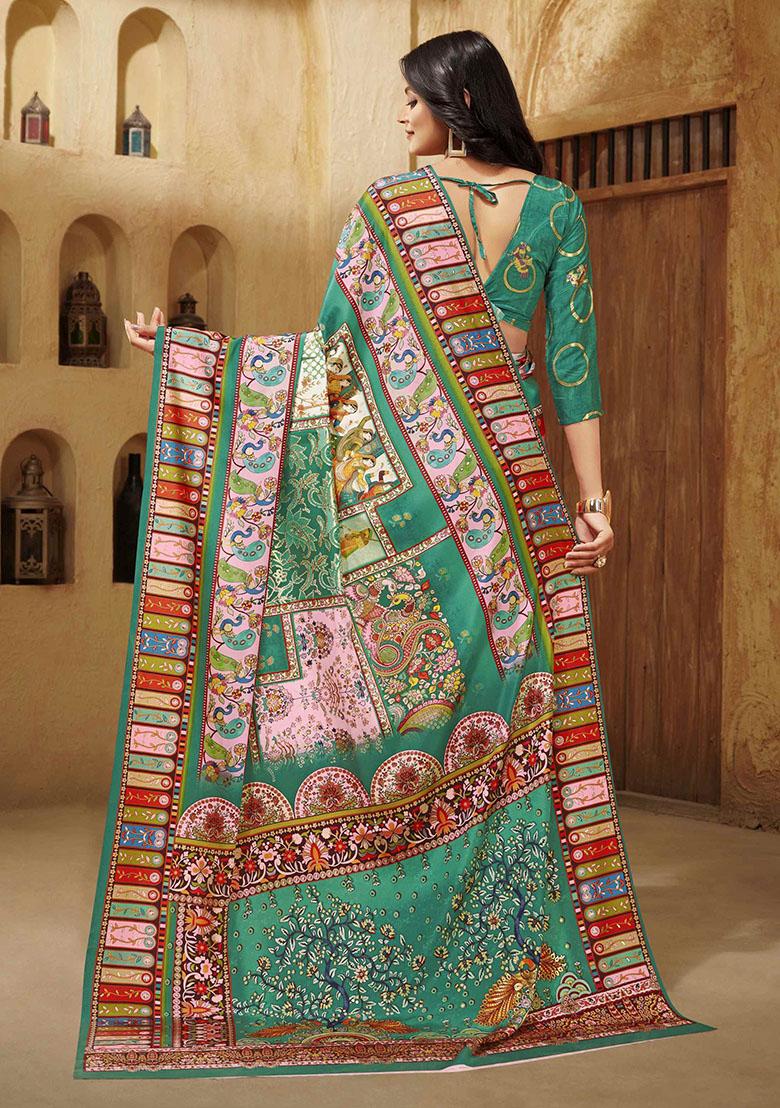 Poise Green Designer Position Digital Foil Printed Crepe Silk Saree Set