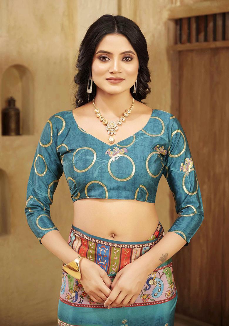 Poise Green Designer Position Digital Foil Printed Crepe Silk Saree Set