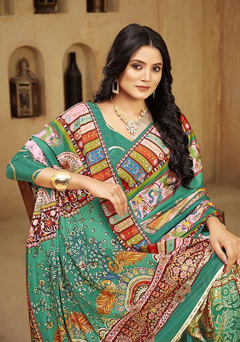 Poise Green Designer Position Digital Foil Printed Crepe Silk Saree Set
