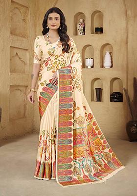 Cream Designer Position Digital Foil Printed Crepe Silk Saree Set