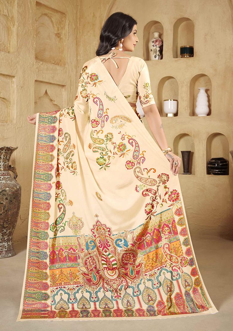 Cream Designer Position Digital Foil Printed Crepe Silk Saree Set