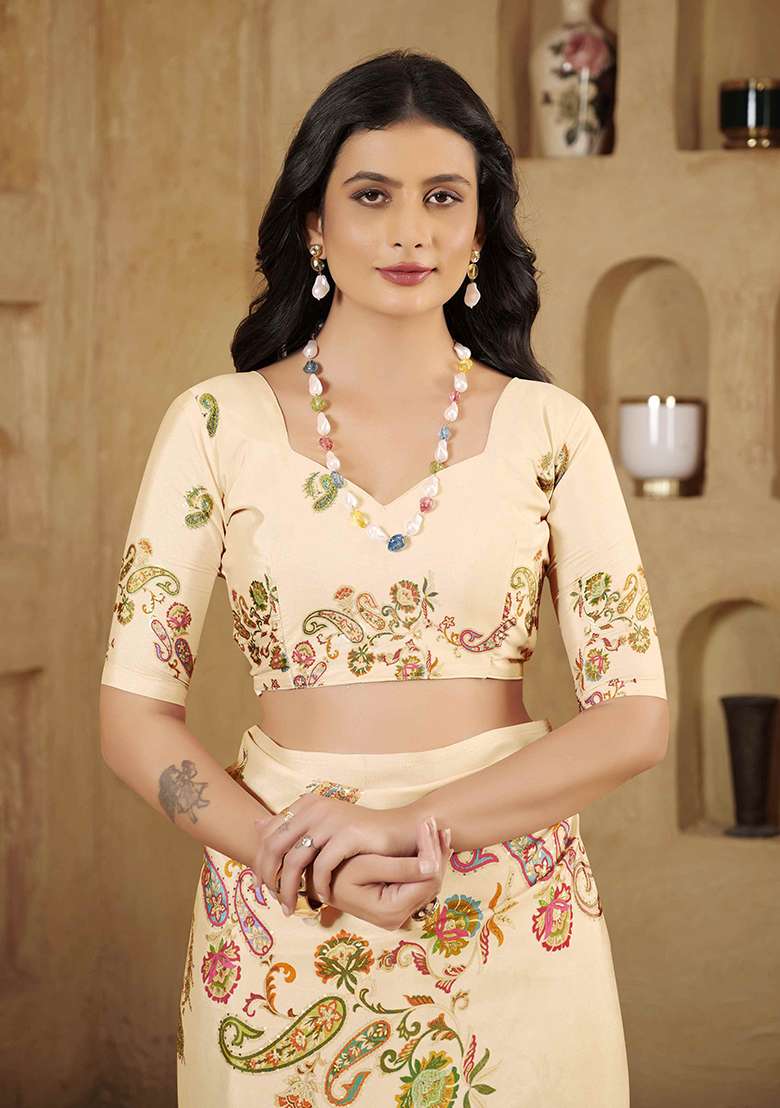 Cream Designer Position Digital Foil Printed Crepe Silk Saree Set - Indya