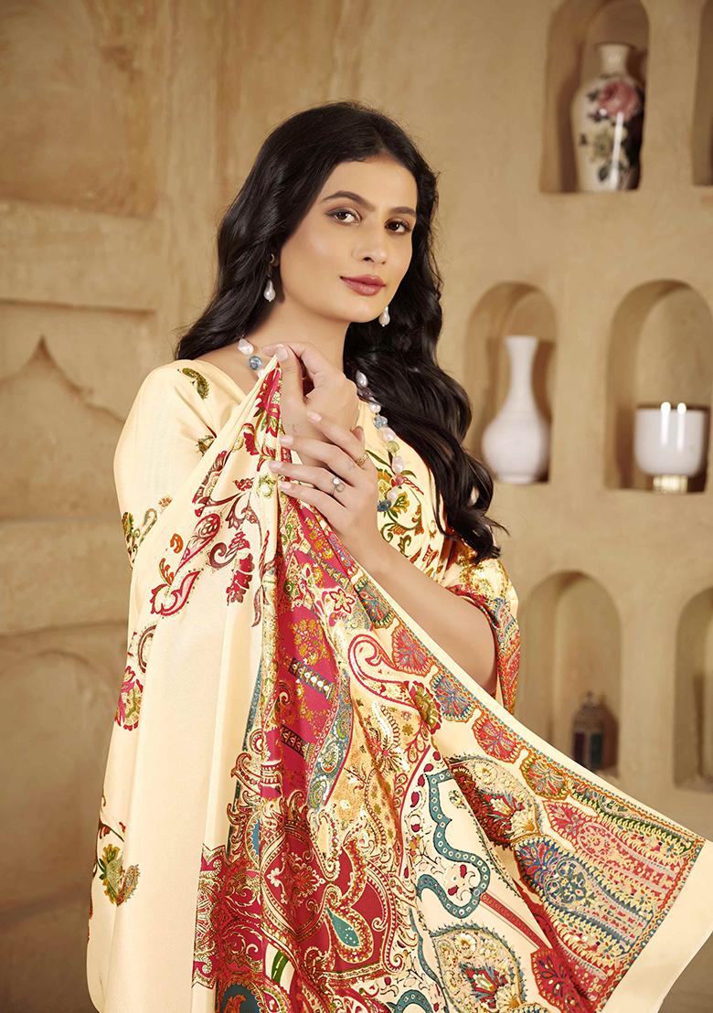 Cream Designer Position Digital Foil Printed Crepe Silk Saree Set