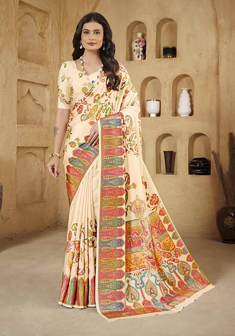 Cream Designer Position Digital Foil Printed Crepe Silk Saree Set