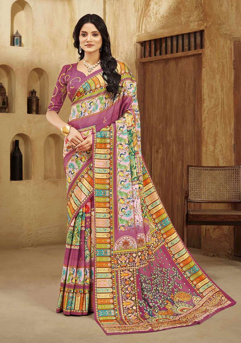 Lavender Designer Position Digital Foil Printed Crepe Silk Saree Set - Indya