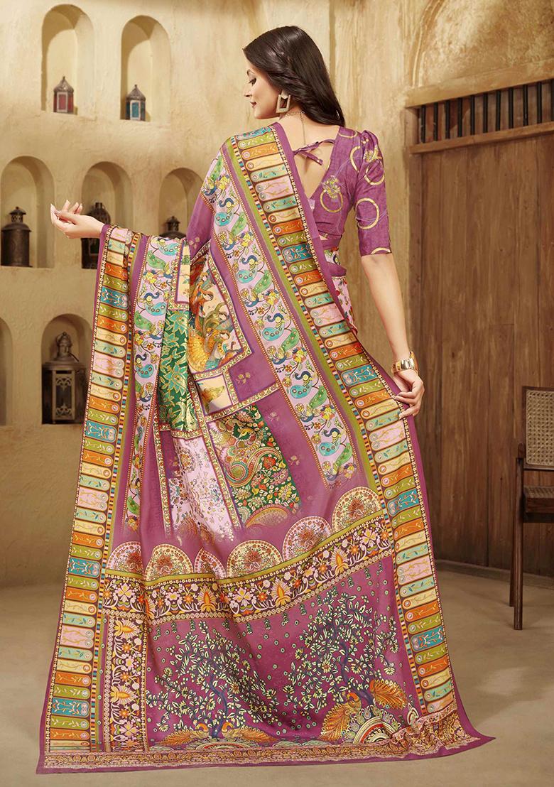 Lavender Designer Position Digital Foil Printed Crepe Silk Saree Set