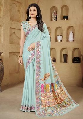 Sky Blue Designer Position Digital Foil Printed Crepe Silk Saree Set