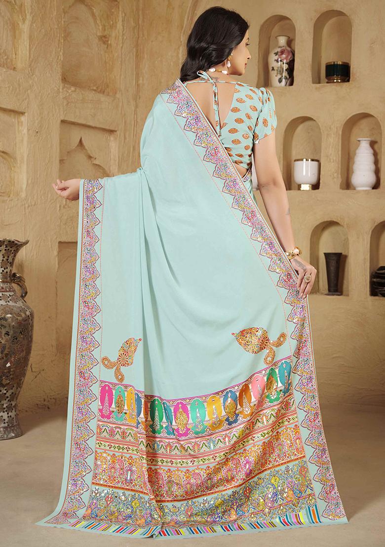 Sky Blue Designer Position Digital Foil Printed Crepe Silk Saree Set