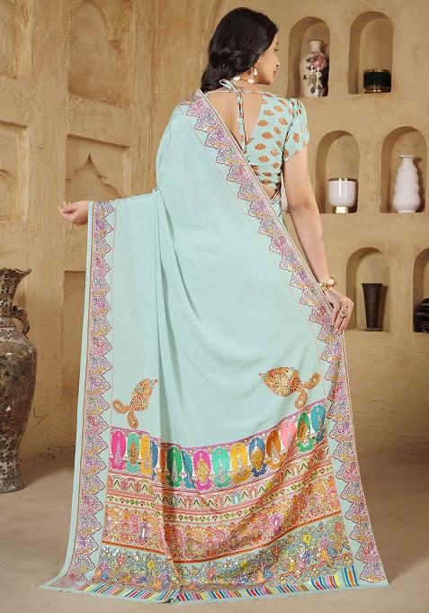 Sky Blue Designer Position Digital Foil Printed Crepe Silk Saree Set