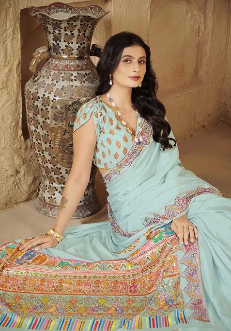 Sky Blue Designer Position Digital Foil Printed Crepe Silk Saree Set