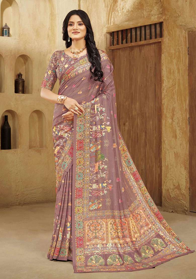 Carrot Pink Designer Position Digital Foil Printed Crepe Silk Saree Set - Indya