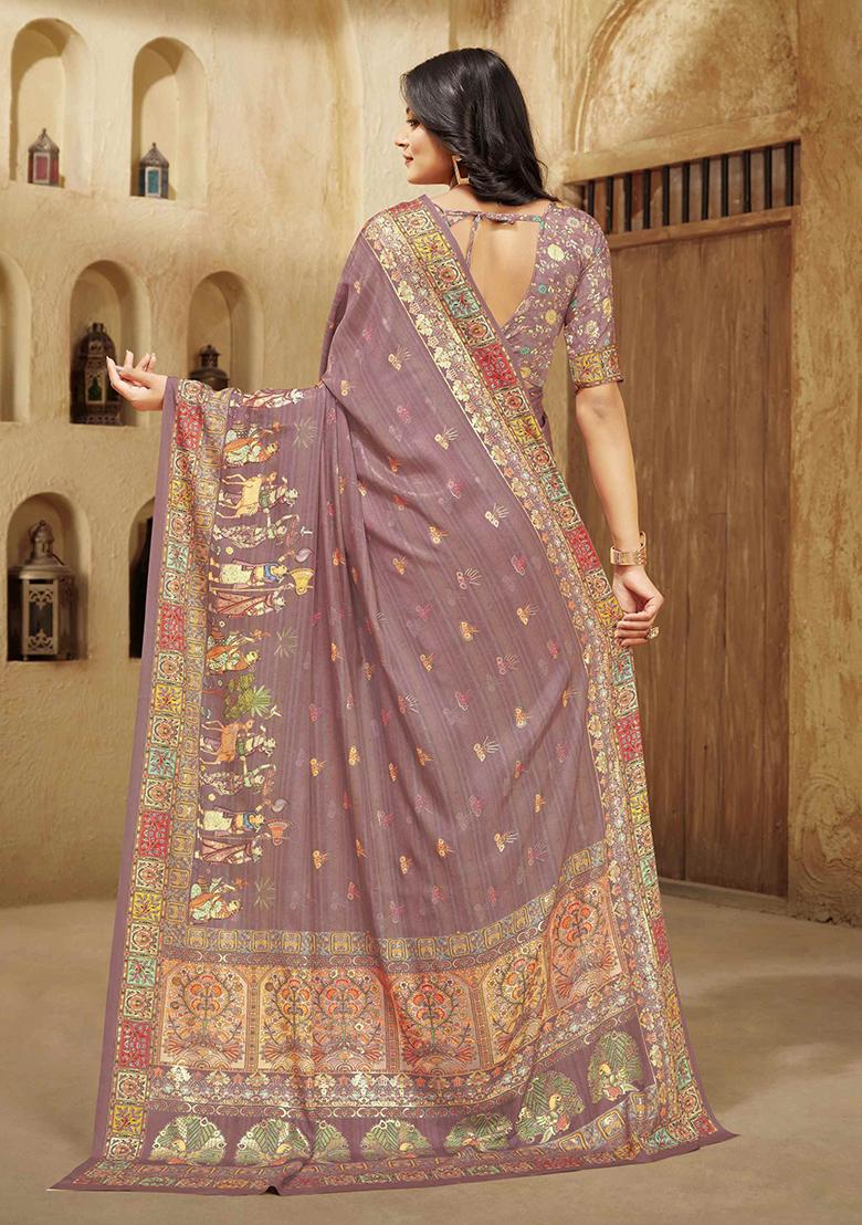 Carrot Pink Designer Position Digital Foil Printed Crepe Silk Saree Set