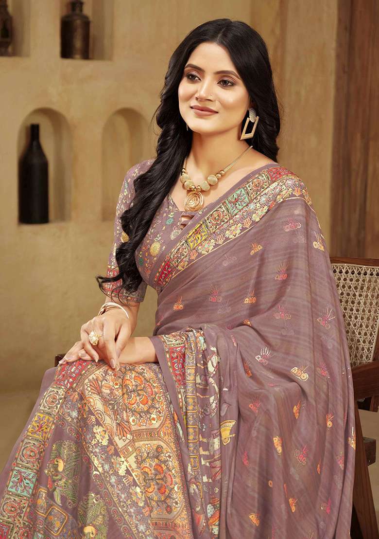 Carrot Pink Designer Position Digital Foil Printed Crepe Silk Saree Set - Indya