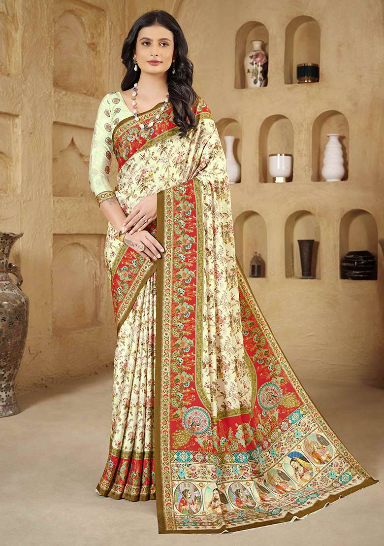 Pista Green Designer Position Digital Foil Printed Crepe Silk Saree Set - Indya