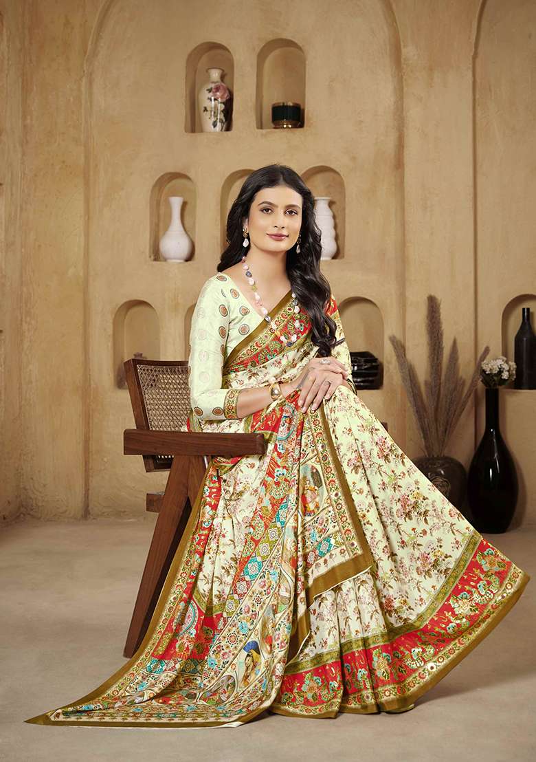 Pista Green Designer Position Digital Foil Printed Crepe Silk Saree Set - Indya