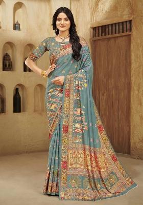 Aqua Green Designer Position Digital Foil Printed Crepe Silk Saree Set